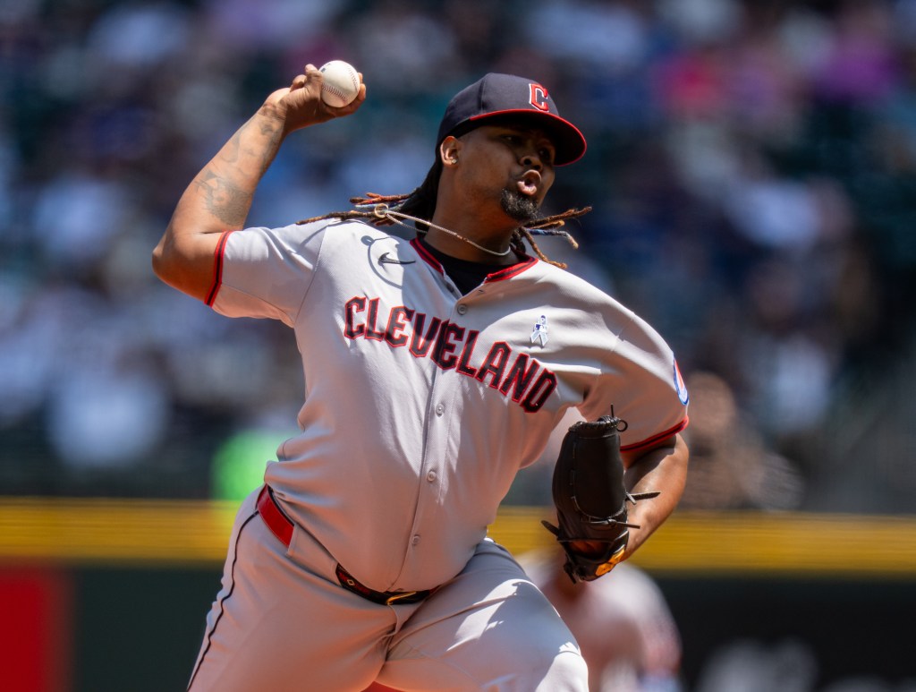 Guardians starter Luis Ortiz throws a pitch against the Mariners on June 15, 2025.