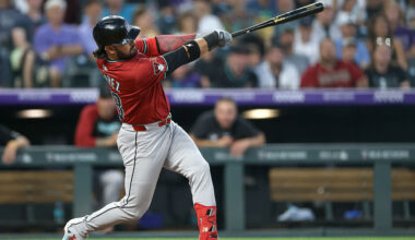 Eugenio Suarez #28 of the Arizona Diamondbacks...