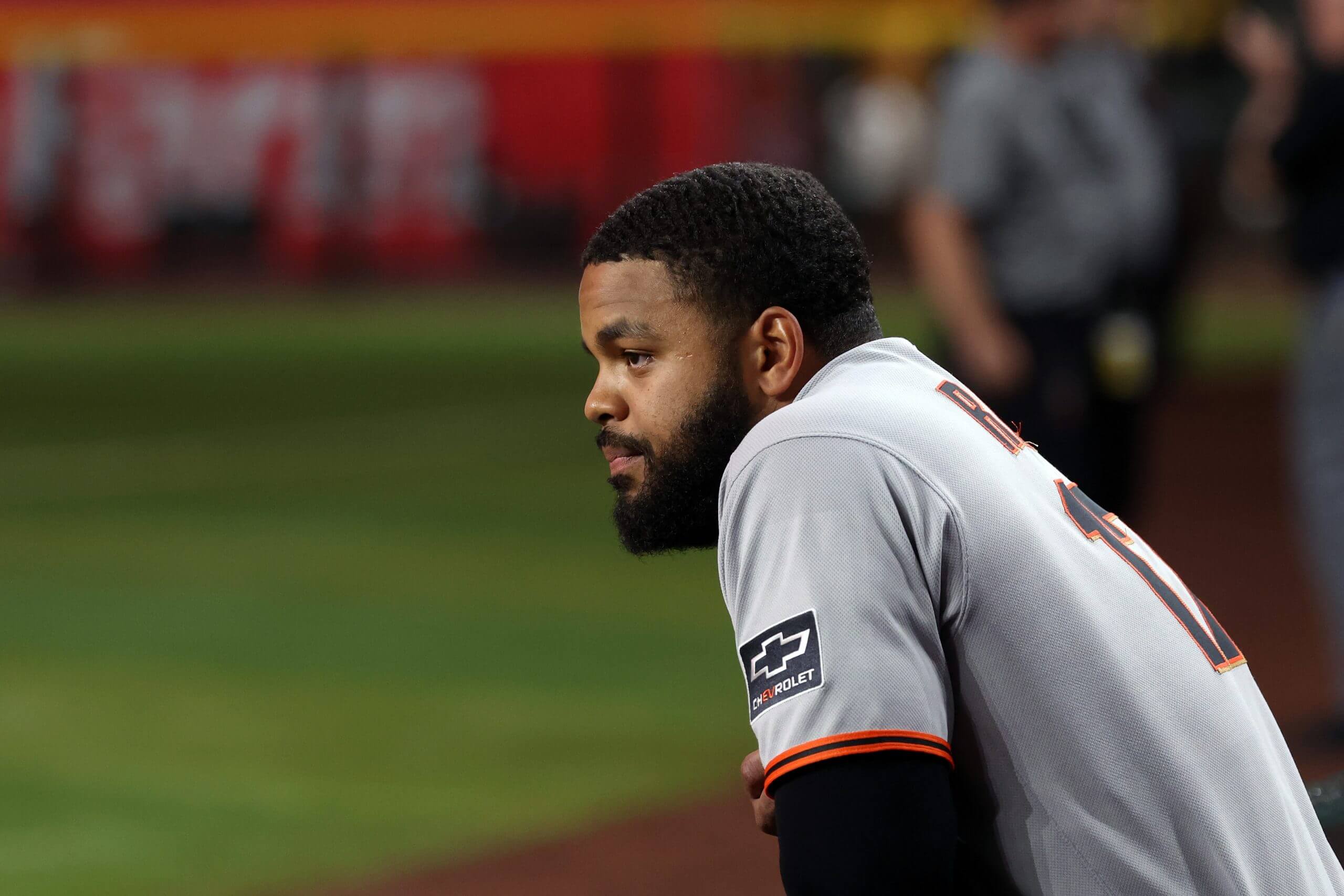 Heliot Ramos #17 of the San Francisco Giants looks on after the Arizona Diamondbacks beat the Giants 4-2 at Chase Field on June 30, 2025 in Phoenix, Arizona. 