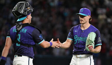 Shelby Miller #18 and James McCann #8 of the Arizona Diamondbacks...