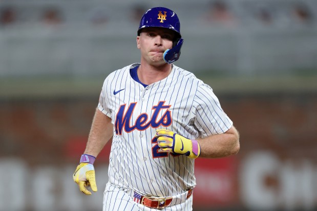 ATLANTA, GEORGIA - JULY 15: Pete Alonso #20 of the New York Mets runs around the bases after hitting a three-run home run against the American League during the sixth inning of the MLB All-Star Game at Truist Park on July 15, 2025 in Atlanta, Georgia. (Photo by Kevin C. Cox/Getty Images)