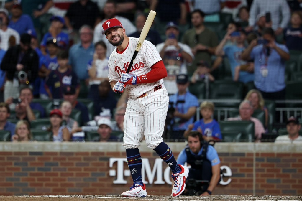 Kyle Schwarber #12 of the Philadelphia Phillies reacts after hitting three home runs in the swing-off to decide the MLB All-Star Game at Truist Park on July 15, 2025 in Atlanta, Georgia. 