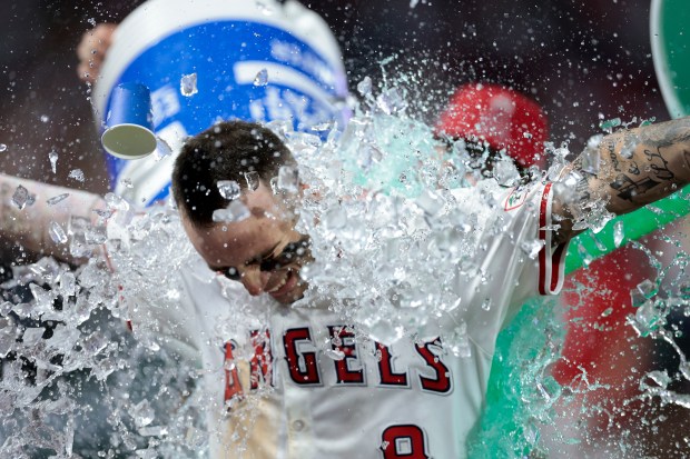 Angels shortstop Zach Neto has a bucket of ice water...