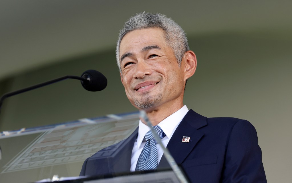 Ichiro Suzuki speaks during the Baseball Hall of Fame induction ceremony at Clark Sports Center on July 27, 2025 in Cooperstown, New York. 