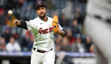Cleveland Guardians relief pitcher Emmanuel Clase throws out Detroit Tigers' Jake Rogers at first base during the ninth inning of a baseball game, Tuesday, May 9, 2023, in Cleveland. (AP Photo/Nick Cammett)