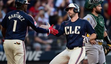 Cleveland Guardians' David Fry, right, is congratulated by Angel Martínez after hitting a two-run home run during the third inning of a baseball game, Friday, July 18, 2025, in Cleveland.