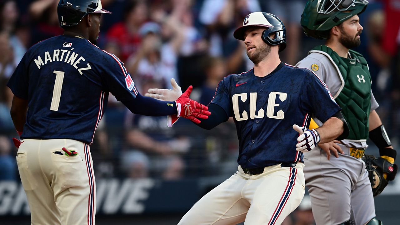 Cleveland Guardians' David Fry, right, is congratulated by Angel Martínez after hitting a two-run home run during the third inning of a baseball game, Friday, July 18, 2025, in Cleveland.