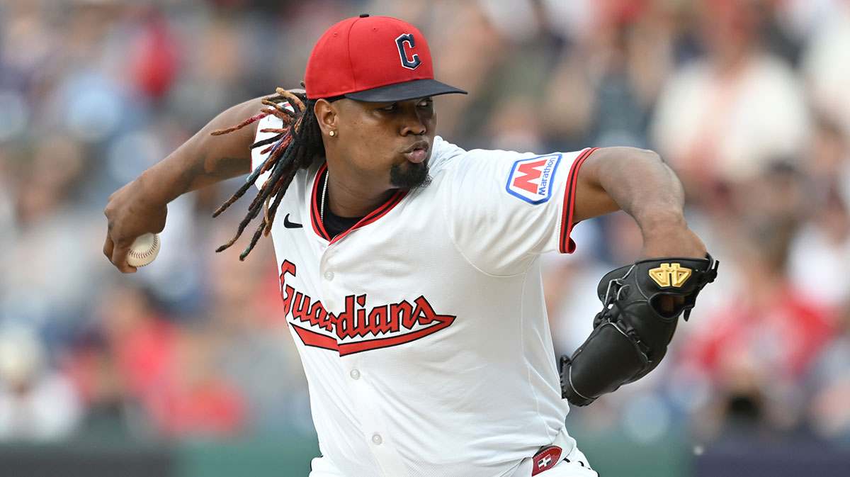 Cleveland Guardians starting pitcher Luis Ortiz (45) throws a pitch during the first inning against the Cincinnati Reds at Progressive Field.