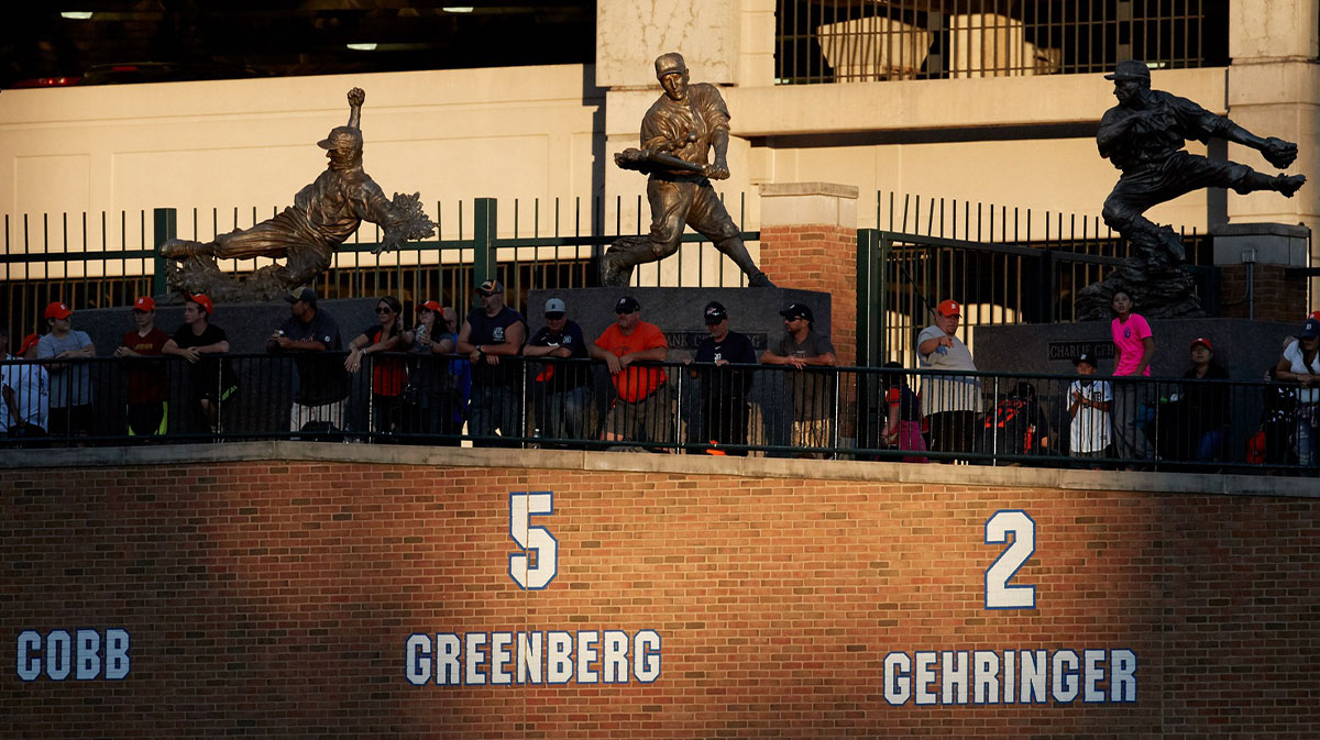 Statues of Detroit tigers former players Ty Cobb, Hank Greenberg (5) and Charlie Gehringer are seen at Comerica Park. 
