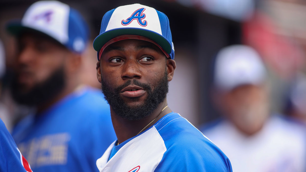 Atlanta Braves center fielder Michael Harris II (23) in the dugout before a game against the New York Yankees at Truist Park.