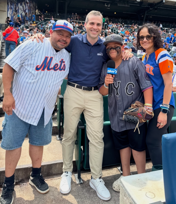 Antonio Veneziano's father, SNY reporter Steve Gelbs, Antonio Veneziano and his mother (L. to R.) when he found out he was selected for the SNY Kidcaster program.