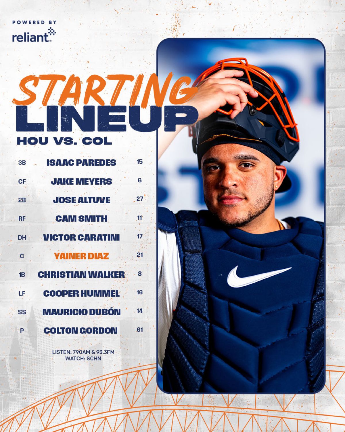 The lineup is as follows: Paredes (3B); Meyers (CF); Altuve (2B); Smith (RFP; Caratini (DH); Diaz (C); Walker (1B); Hummel (LF); Dubón (SS); Gordon (SP).