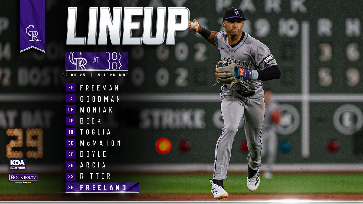 The Rockies lineup reads as follows: Freeman (RF); Goodman (C); Moniak (DH); Beck (LF); Toglia (1B); McMahon (3B); Doyle (CF); Arcia (2B); Ritter (SS); Freeland (SP)