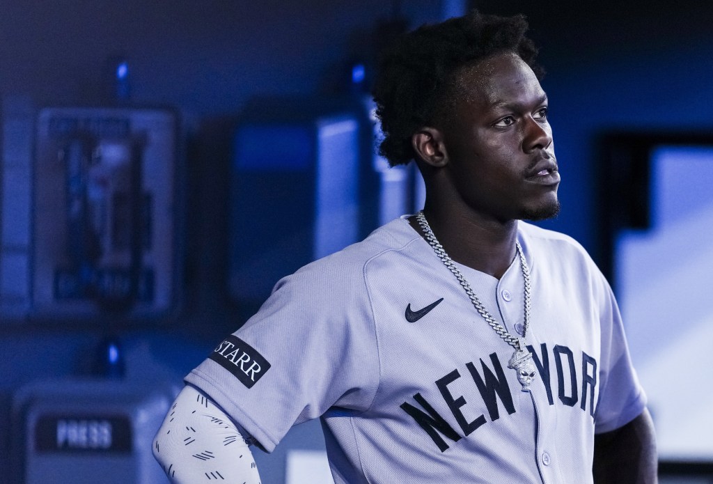 Jazz Chisholm Jr. looks on during the Yankees' loss to the Brewers.