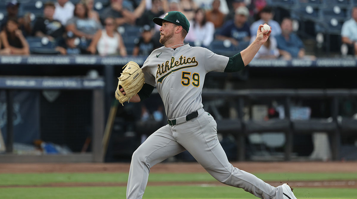 Athletics starting pitcher Jeffrey Springs (59) throws a pitch against the Tampa Bay Raysduring the first inning at George M. Steinbrenner Field. 