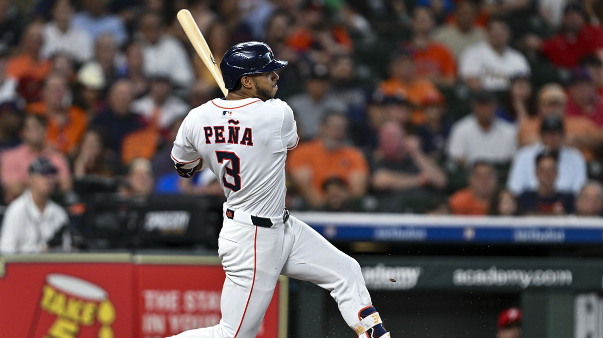 Jun 25, 2025; Houston, Texas, USA; Houston Astros shortstop Jeremy Pena (3) at bat in the second inning against the Philadelphia Phillies at Daikin Park. 