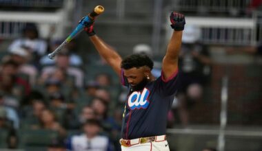 Tampa Bay Rays' Junior Caminero reacts during the MLB baseball All-Star Home Run Derby, Monday, July 14, 2025, in Atlanta. (AP Photo/Brynn Anderson)