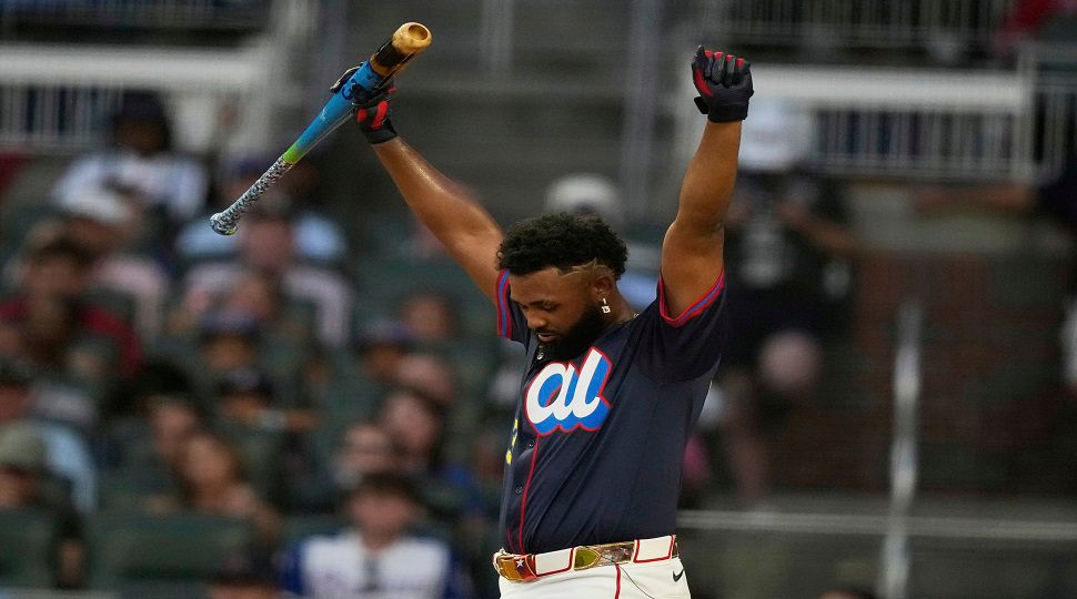 Tampa Bay Rays' Junior Caminero reacts during the MLB baseball All-Star Home Run Derby, Monday, July 14, 2025, in Atlanta. (AP Photo/Brynn Anderson)