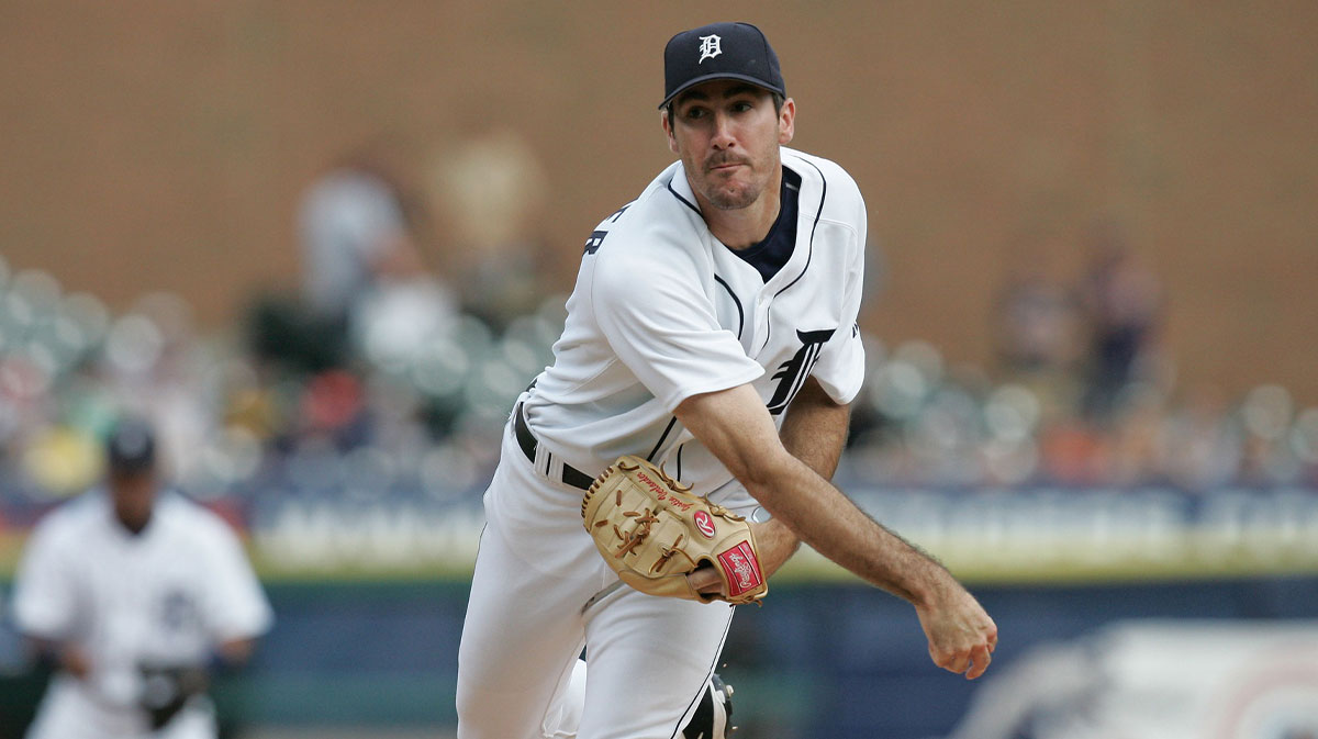 Detroit Tigers starting pitcher (35) Justin Verlander delivers a pitch against the New York Yankees at Comerica Park. 