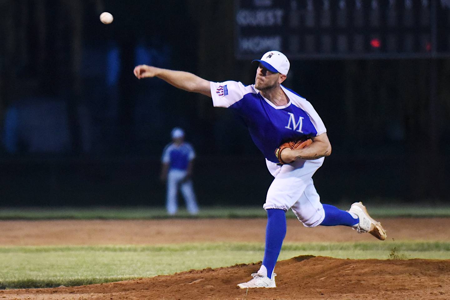 Beecher Muskies' Kris Honel throws a pitch during the Muskies' Chicago Suburban Baseball League game against the Lombard Orioles at Gouwens Park in South Holland Wednesday, June 25, 2025.