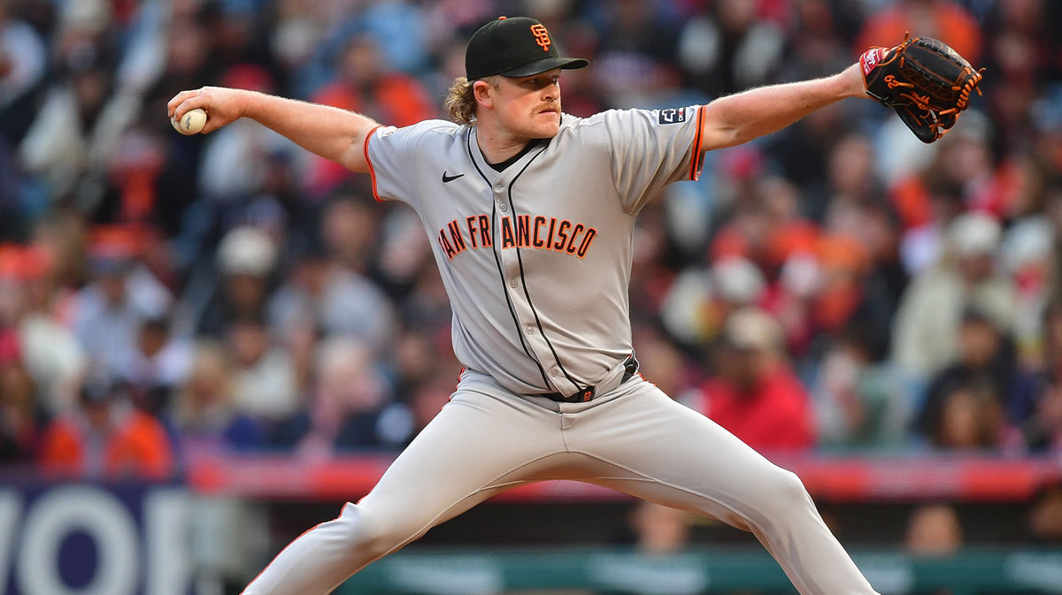 Apr 18, 2025; Anaheim, California, USA; San Francisco Giants pitcher Logan Webb (62) throws against the Los Angeles Angels during the first inning at Angel Stadium.