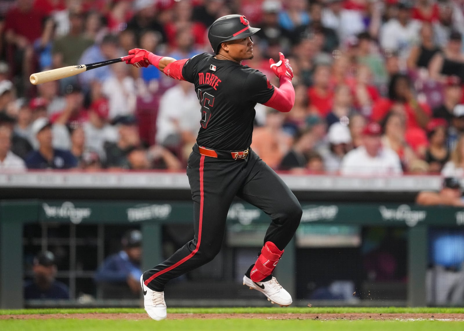 Cincinnati Reds' Noelvi Marte watches his double during the sixth inning of a baseball game against the Tampa Bay Rays, Friday, July 25, 2025, in Cincinnati. (AP Photo/Jeff Dean)