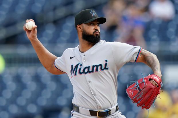 Marlins starting pitcher Sandy Alcantara throws during the first inning against the Phillies on June 16, 2025, in Miami. (AP Photo/Lynne Sladky)