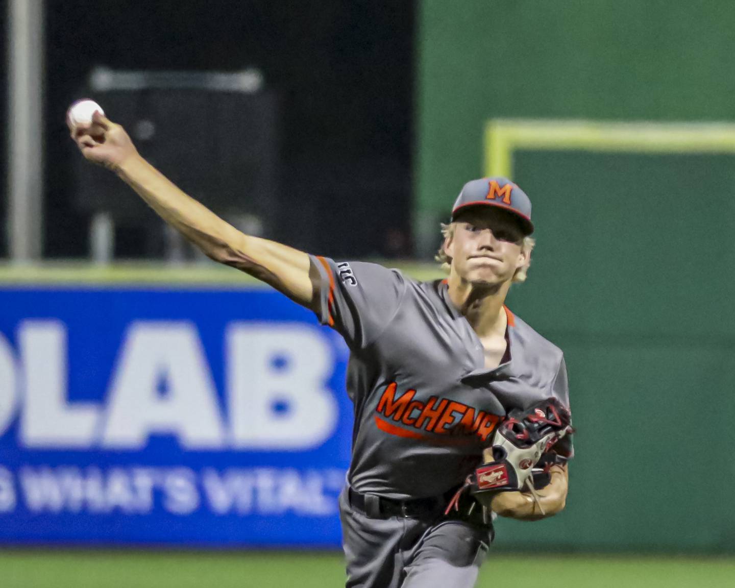 McHenry's Brandon Shannon (7) throws a pitch during Class 4A state semifinal baseball game between Brother Rice at McHenry. Monday, June 13, 2025 in Joliet.