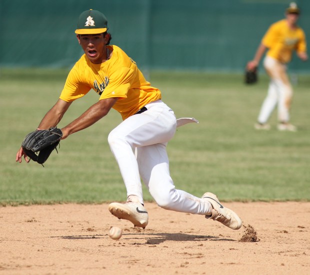 Amherst shortstop Eli Toyoda reaches for a ground ball against...