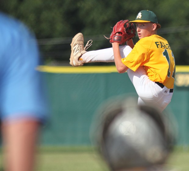 Anthony Falbo of Amherst delivers a fifth inning pitch in...