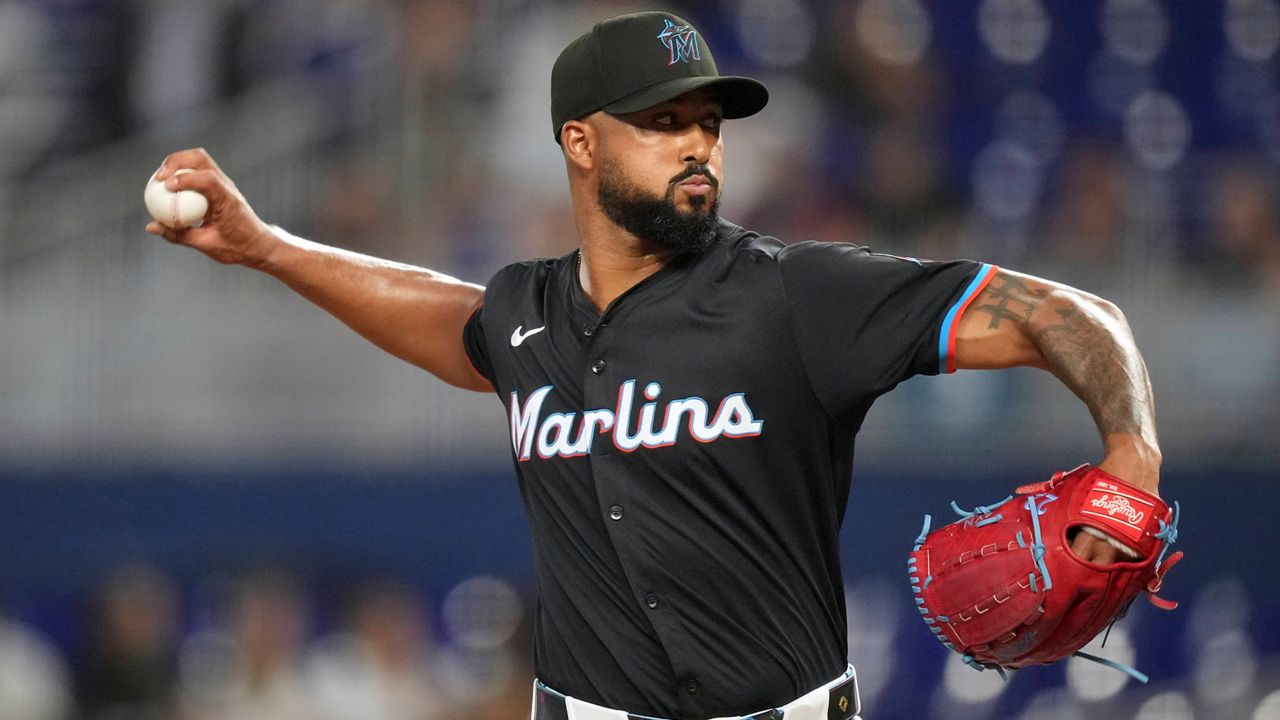 Miami Marlins starting pitcher Sandy Alcantara pitches during the first inning of a baseball game against the Kansas City Royals, Friday, July 18, 2025, in Miami. (AP Photo/Rebecca Blackwell)