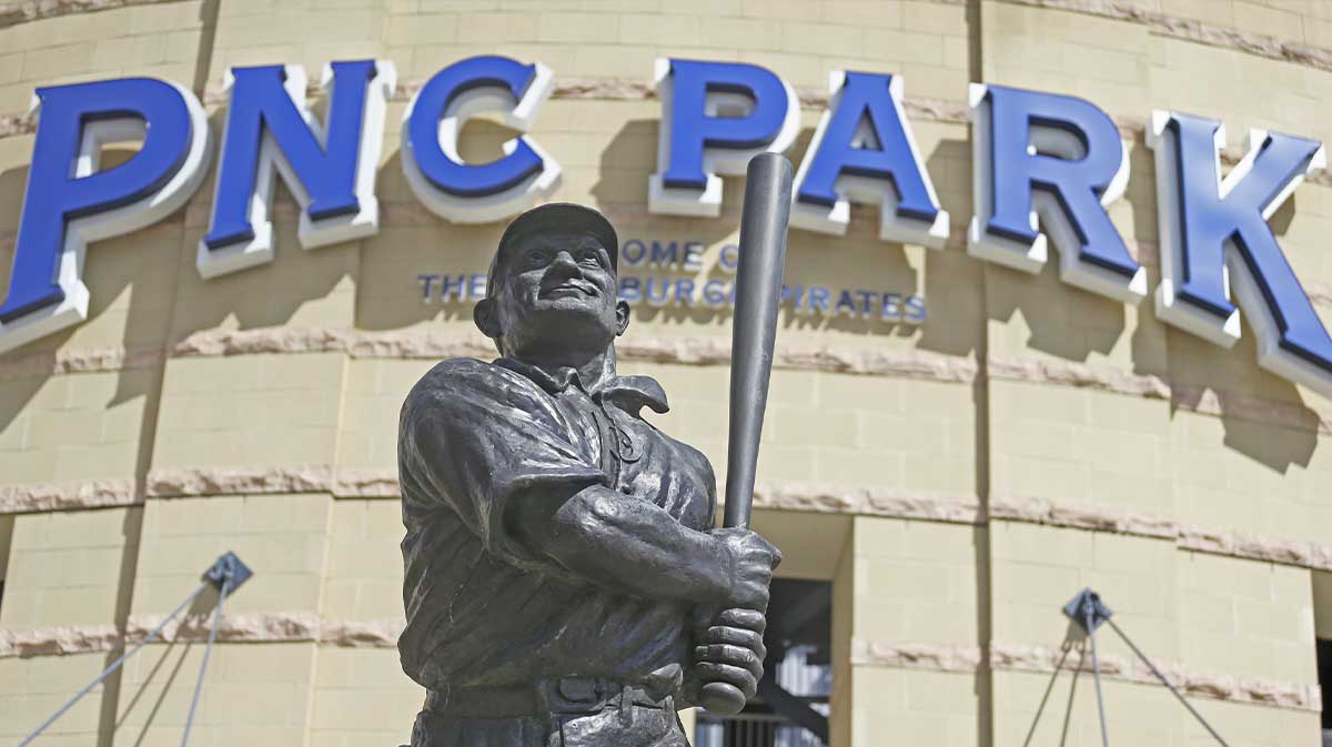 General view of the Honus Wagner outside the main gate of PNC Park before the Pittsburgh Pirates host the Milwaukee Brewers.