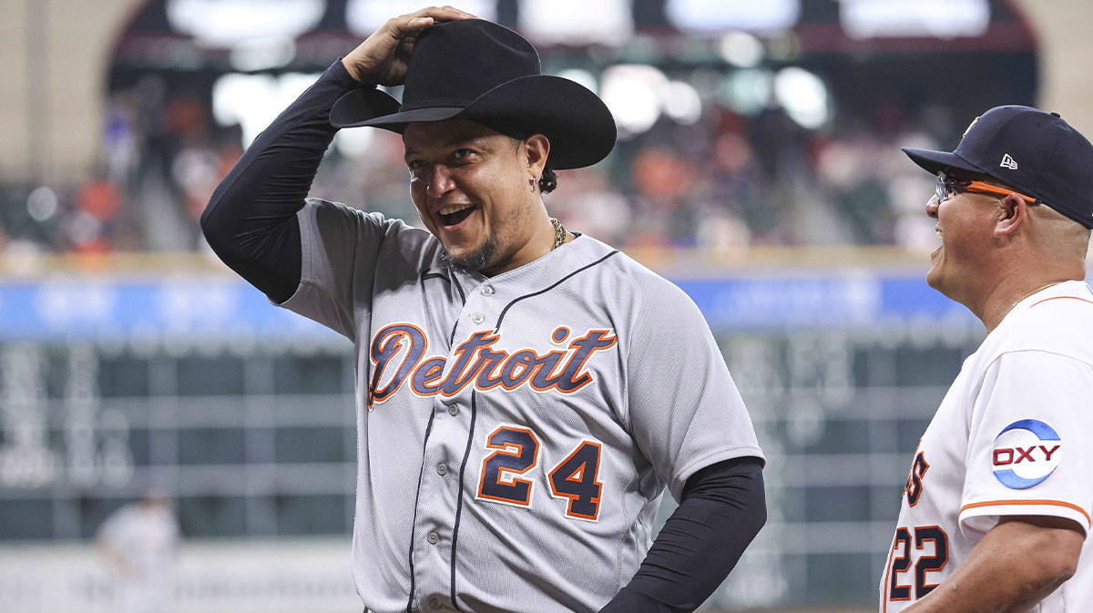 Detroit Tigers designated hitter Miguel Cabrera (24) is honored and given a cowboy hat before the game against the Houston Astros at Minute Maid Park. 