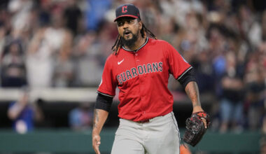 Cleveland Guardians pitcher Emmanuel Clase reacts after the Guardians defeated the Baltimore Oriole...