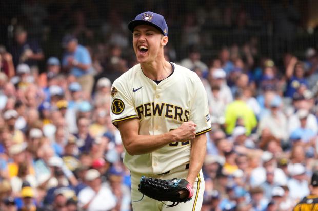 Brewers pitcher Jacob Misiorowski reacts to striking out the Pirates' Oneil Cruz on June 25, 2025, in Milwaukee. (AP Photo/Kayla Wolf)