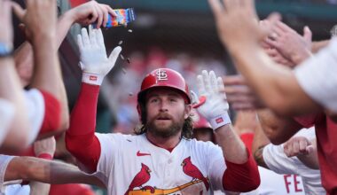 St. Louis Cardinals' Brendan Donovan is congratulated by teammates after hitting a three-run home run during the second inning of a baseball game.