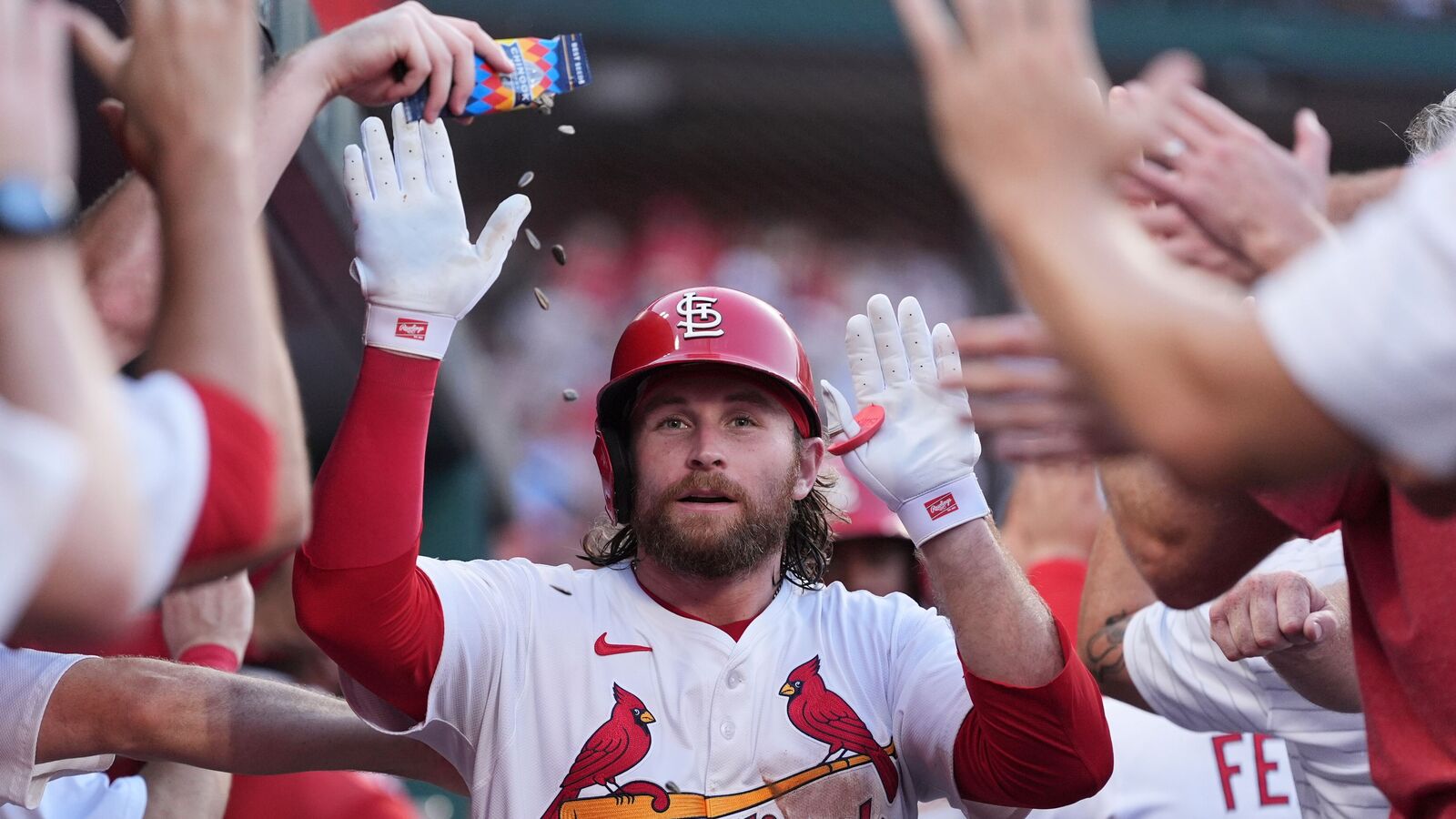St. Louis Cardinals' Brendan Donovan is congratulated by teammates after hitting a three-run home run during the second inning of a baseball game.