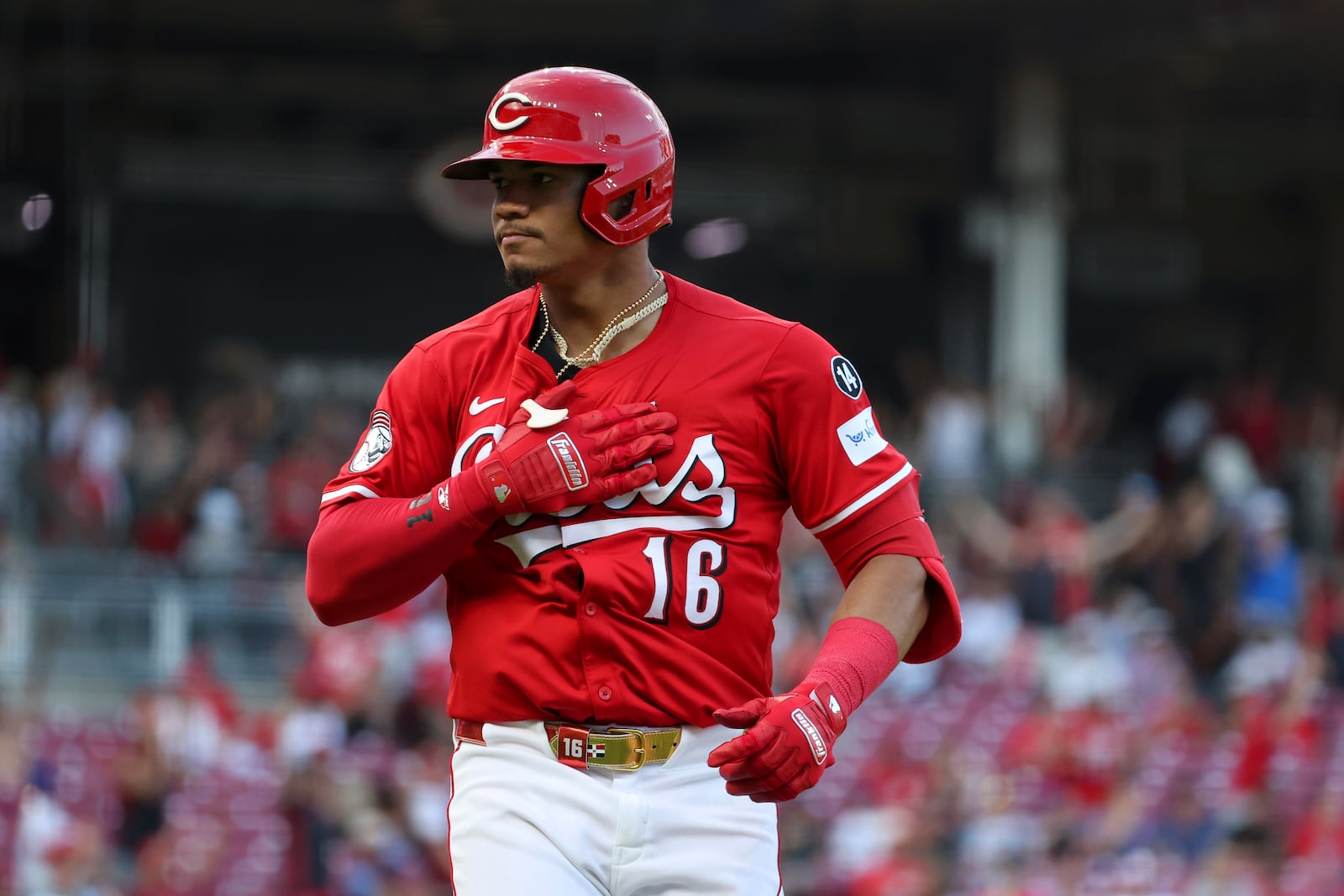 Cincinnati Reds' Noelvi Marte (16) celebrates his home run during the seventh inning of a baseball game against the Colorado Rockies, Saturday, July 12, 2025, in Cincinnati. (AP Photo/Joe Maiorana)