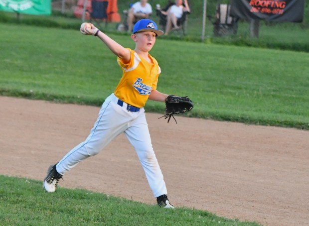 Brewers Blake Fahringer tosses out a batter at first. (Photo...