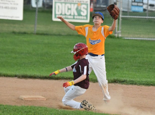 Phillies Roger Ross swipes second as Austin Morgan awaits a...