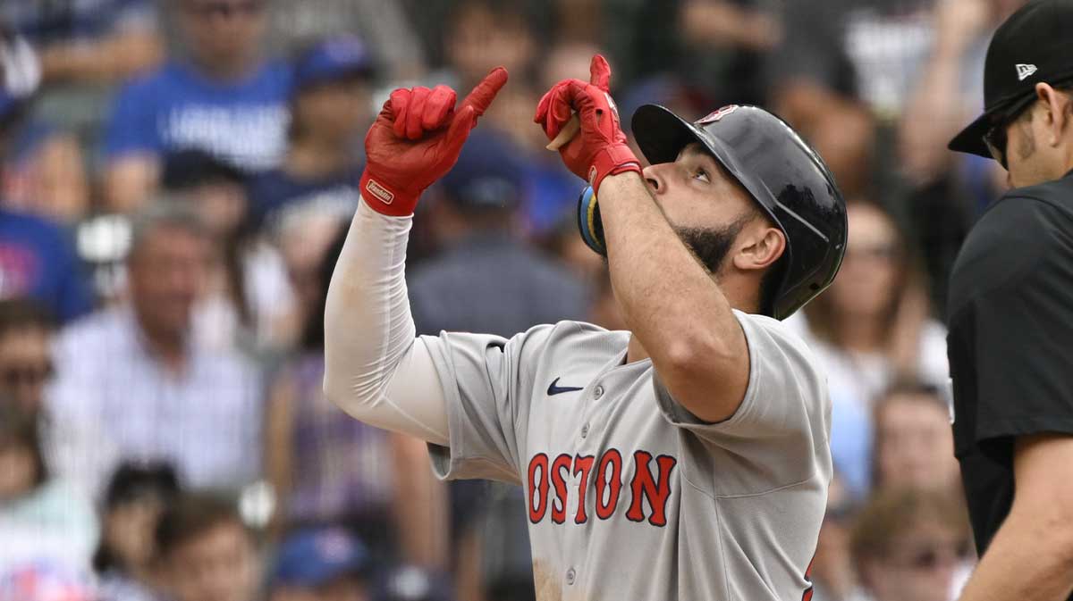 Boston Red Sox outfielder Wilyer Abreu (52) celebrates after he hits a home run against the Chicago Cubs during the eighth inning at Wrigley Field. 