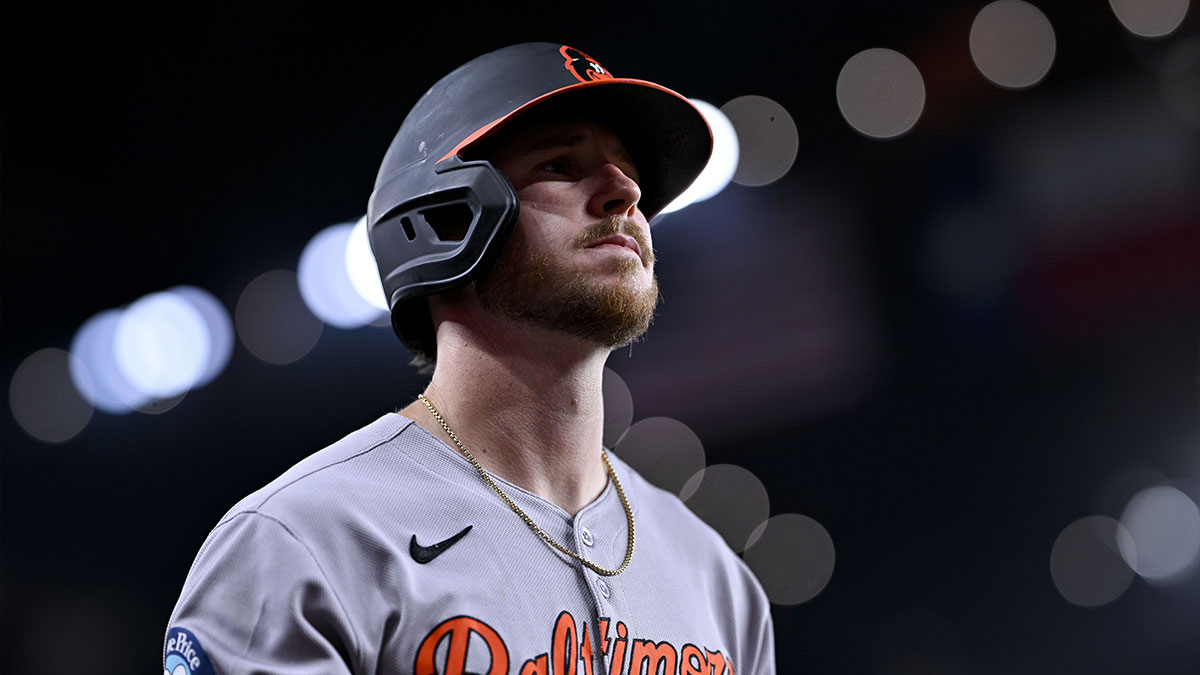 Baltimore Orioles first baseman Ryan O'Hearn (32) walks to the on deck circle during the game between the Texas Rangers and the Baltimore Orioles at Globe Life Field.