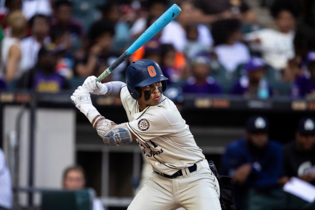 Oswego's Kamrin Jenkins (13) at bat for the East All-Stars during the Double Duty Classic at Rate Field in Chicago on Wednesday, July 2, 2025. (Vincent D. Johnson / for the Daily Southtown)