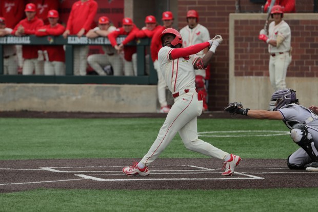 Homewood-Flossmoor product Shai Robinson connects on a swing for Illinois State during a game in the 2025 season. (Illinois State photo)