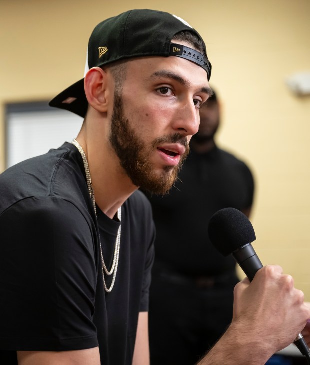 Twin Cities native Chet Holmgren, who helped the Oklahoma Thunder win the NBA championship in June 2025, answers a question during a news conference at the Oxford Community Center in St. Paul on Thursday, July 3, 2025. (John Autey / Pioneer Press)