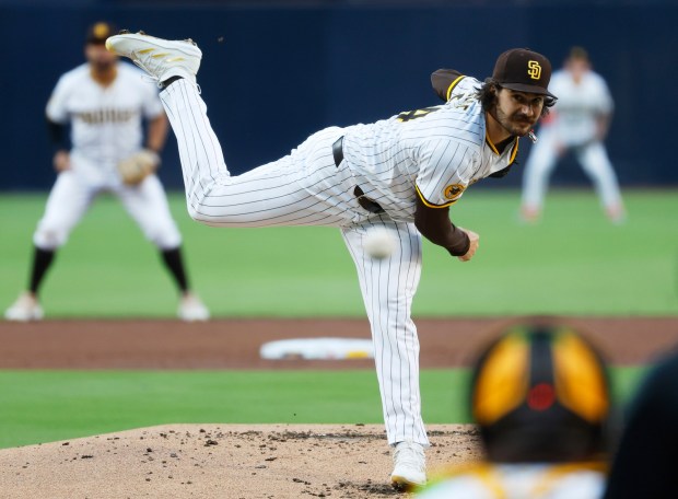 Dylan Cease #84 of the San Diego Padres pitches against the New York Mets in the third inning at Petco Park on July 28, 2025 in San Diego, California. (K.C. Alfred / The San Diego Union-Tribune)