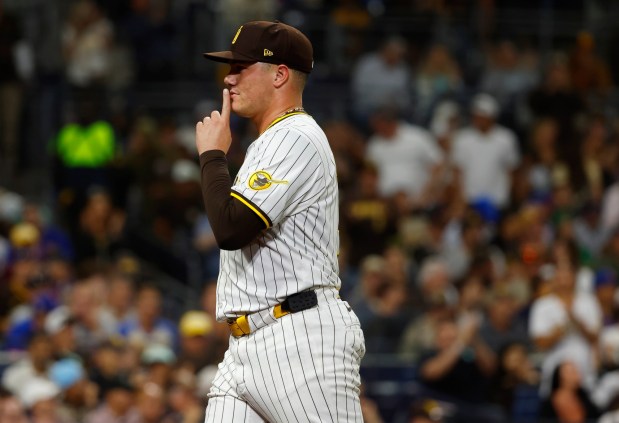 Adrian Morejon #50 of the San Diego Padres reacts after being pulled from the game in the seventh inning against the New York Mets at Petco Park on July 28, 2025 in San Diego, California. (K.C. Alfred / The San Diego Union-Tribune)