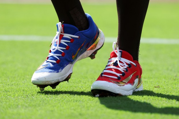 Xander Bogaerts #2 of the San Diego Padres sports Fourth of July themed cleats during their game against the Texas Rangers at Petco Park on Friday, July 4, 2025 in San Diego, CA. (Meg McLaughlin / The San Diego Union-Tribune)