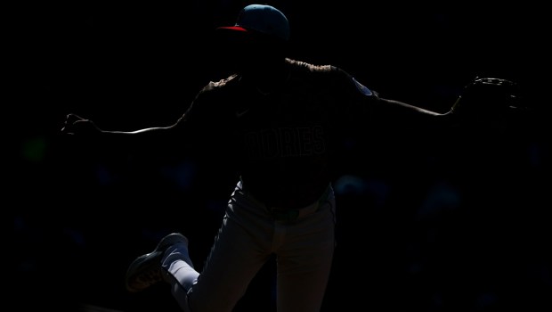 Randy Vasquez #98 of the San Diego Padres pitches against the Texas Rangers during the third inning at Petco Park on Friday, July 4, 2025 in San Diego, CA. (Meg McLaughlin / The San Diego Union-Tribune)