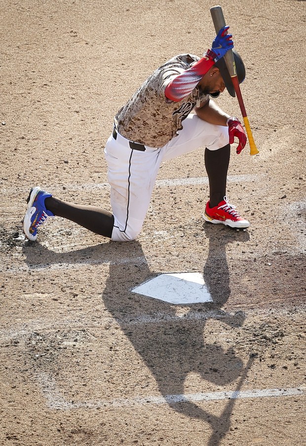 Xander Bogaerts #2 of the San Diego Padres reacts after striking out against the Texas Rangers during the sixth inning at Petco Park on Friday, July 4, 2025 in San Diego, CA. (Meg McLaughlin / The San Diego Union-Tribune)